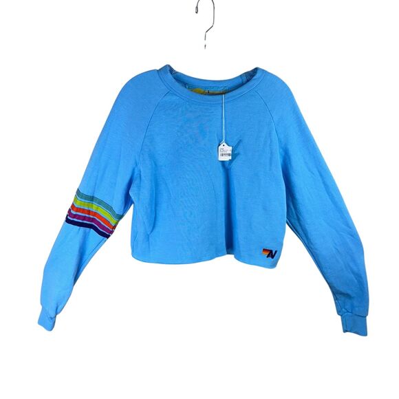 Aviator nation RUGBY STITCH CROPPED CREW SWEATSHIRT RELAXED Small Blue - Picture 1 of 5
